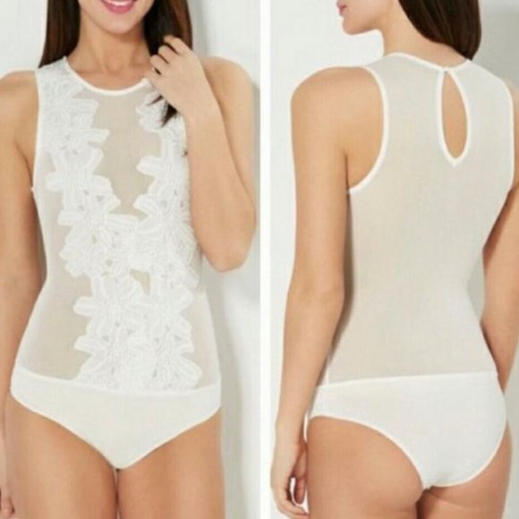 Haute Monde Floral Sheer Bodysuit Embroidered Applique Mauve Blush Festival - Picture 6 of 6